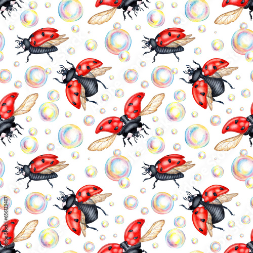 Watercolor illustration of a drawing of red ladybugs with black dots and soap bubbles. Seamless isolated pattern for kitchen, home decor, stationery, wedding invitations and clothing print. © AliCris