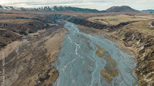 Aerial photograph of the braided river flowing through the valley in the Hakatere conservation park
