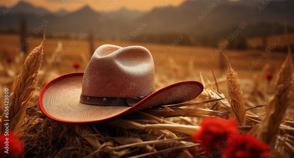 Cowboy hat on straw, farm in the background, country life and western concept. Generative AI - obrazy, fototapety, plakaty 