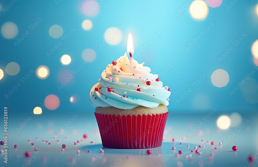 Cupcake with lit candle on blue background, birthday and celebration. Generative AI