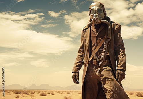 Man with sinister gas mask in the desert, post-apocalyptic and dystopian landscape. Generative AI