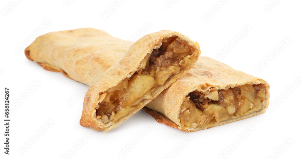 Delicious strudel with apples and nuts isolated on white