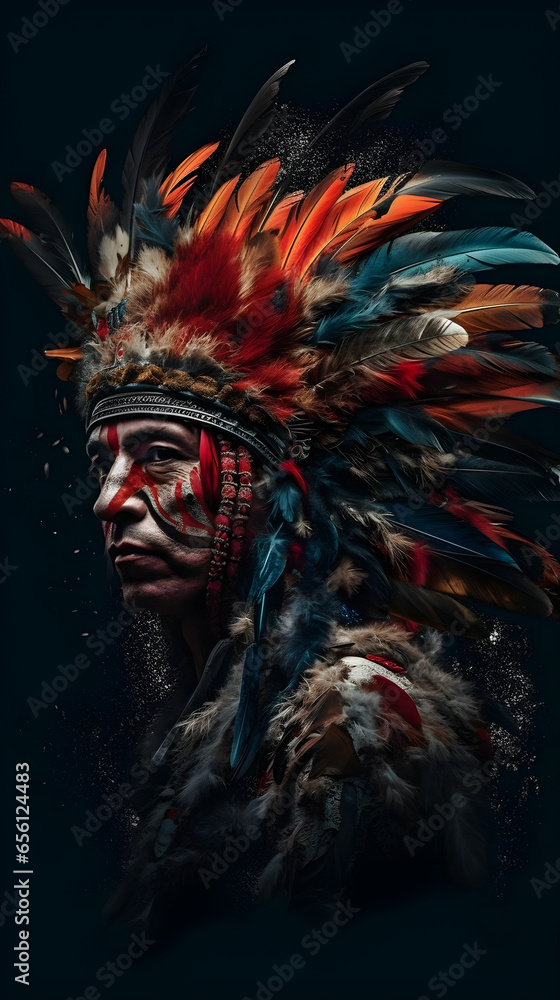 Portrait of a man in an American Indian costume with feathers hat and colorful makeup on black background. native american style - obrazy, fototapety, plakaty 
