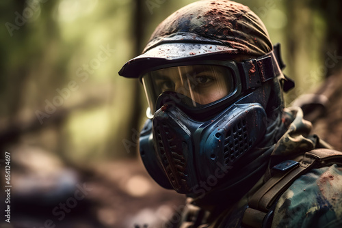 Portrait of a man paintball player in the forest. training, team building photo