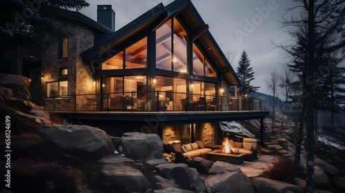 Cozy lodge nestled within rugged mountain terrain 