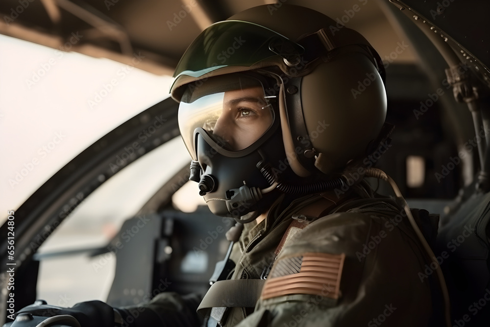 Portrait of a pilot in the helmet sits in the cockpit of a fighter aircraft. Military aircraft. Portrait of a pilot in the helmet sits in the cockpit of a fighter aircraft. Military aircraft.