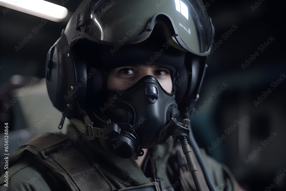 Portrait of a pilot in the helmet sits in the cockpit of a fighter aircraft. Military aircraft. Portrait of a pilot in the helmet sits in the cockpit of a fighter aircraft. Military aircraft.