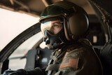 Portrait of a pilot in the helmet sits in the cockpit of a fighter aircraft. Military aircraft.