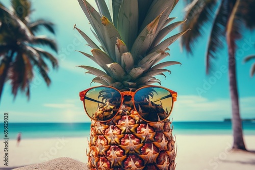 Tropical landscape with pineapple with sunglasses on the beach, sky and sea in the background. Generative AI