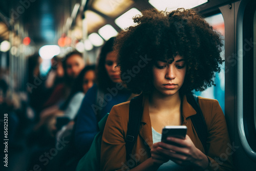 Woman inside a train with a slight smile on her face looking at her phone