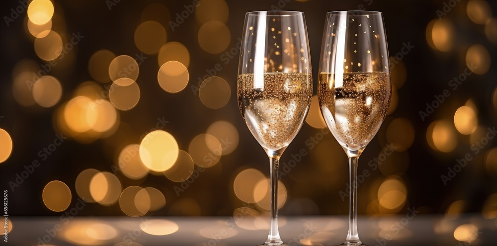 Illustration of two champagne glasses, bokeh background, new year celebration. Generative AI Illustration of two champagne glasses, bokeh background, new year celebration. Generative AI