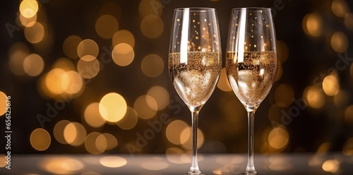 Illustration of two champagne glasses, bokeh background, new year celebration. Generative AI