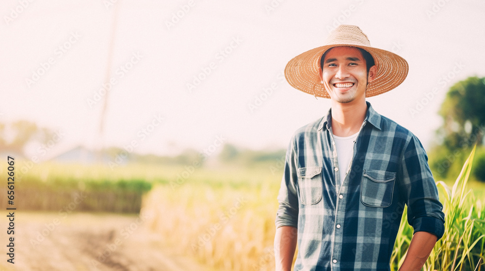 Man farmer straw hat standing farmland smiling