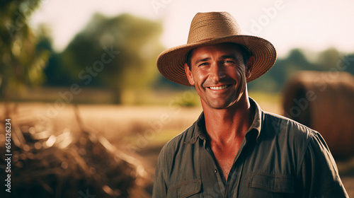 Man farmer straw hat standing farmland smiling