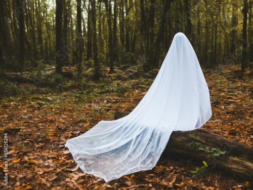 A ghostly vision in white robes roams between tree trunks. Ghost in the paranormal world. Horrible dream. Strange forest and bride. Mystical atmosphere. Dark wood. Background wallpaper. Gloomy times. photo