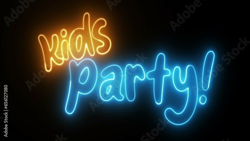 Kids Party text font with neon light. Luminous and shimmering haze inside the letters of the text Kids Party neon.  © adobedesigner