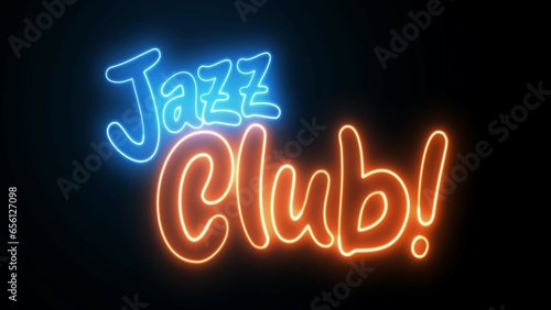 Jazz Club text font with neon light. Luminous and shimmering haze inside the letters of the text Jazz Club. 