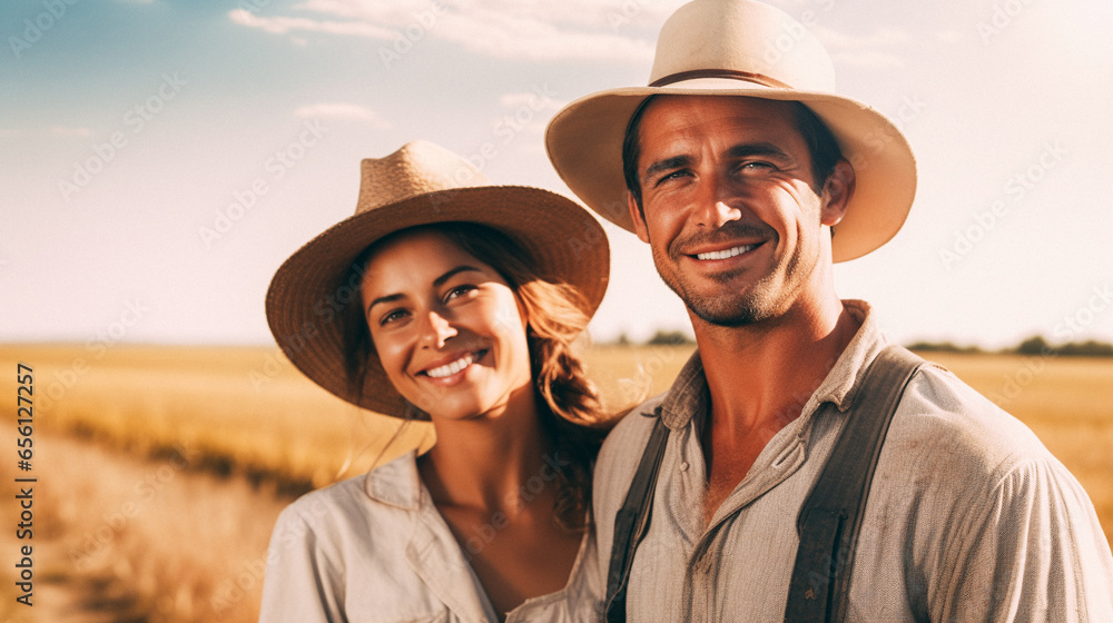 Man and woman farmers straw hat standing farmland smiling