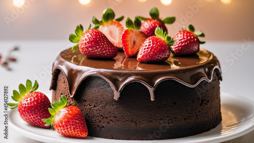 Close up side view of a decorative chocolate cake on a white plate topped with strawberries