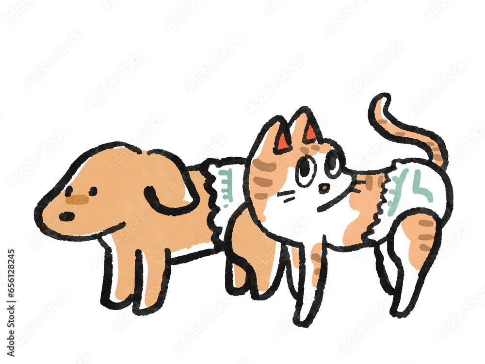 Fototapeta premium おむつを付けた犬と猫の水彩手描き風イラスト 