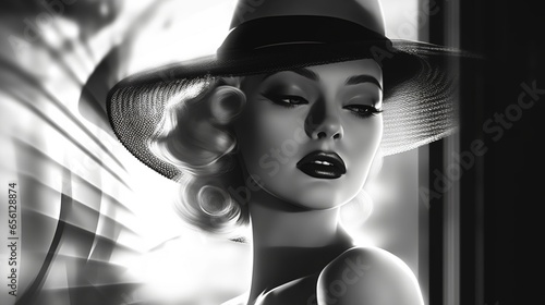 Portrait of a girl in an old hat in black and white style. Fantasy concept , Illustration painting.