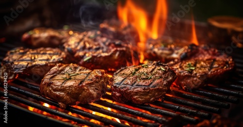 Grilled meats sizzling on a BBQ  with flames and smoky aroma