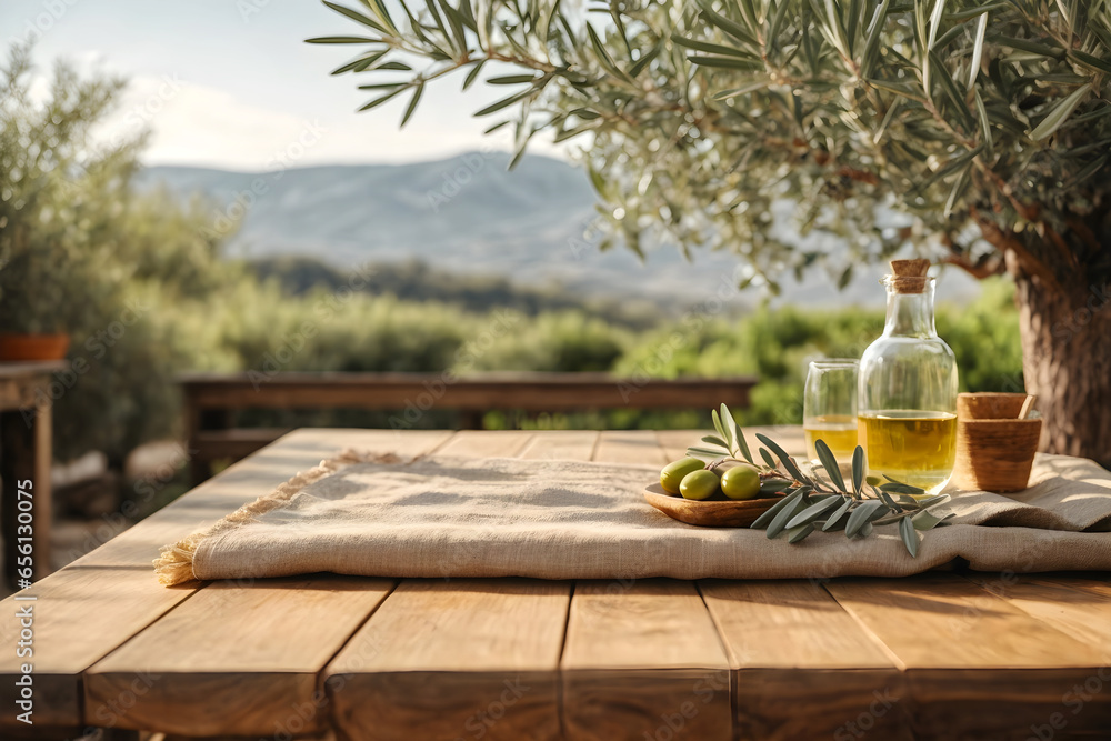 Natural wooden table and organic cloth with olive tree plant and blurred background. - obrazy, fototapety, plakaty 