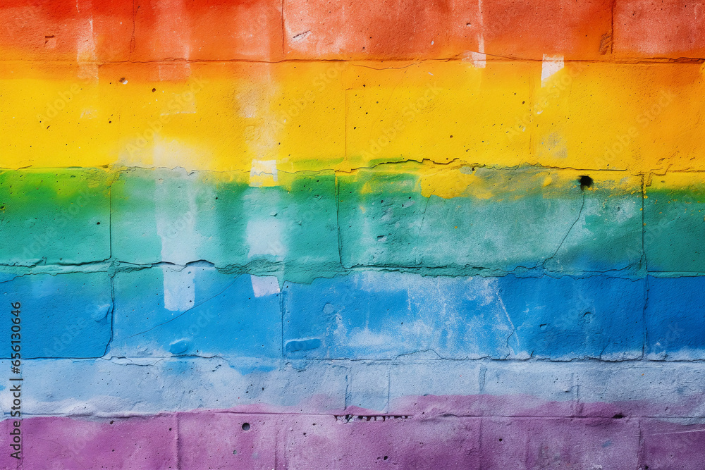 Rainbow colored brick wall background. Flag of LGBT painted in colors on a brick wall. Rainbow colored brick wall background. Flag of LGBT painted in colors on a brick wall.