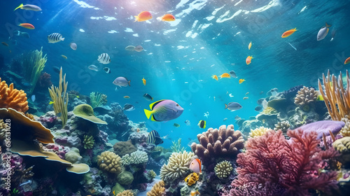 Underwater view of coral reef with tropical fishes and corals. Tropical coral reef fauna, nature concepts