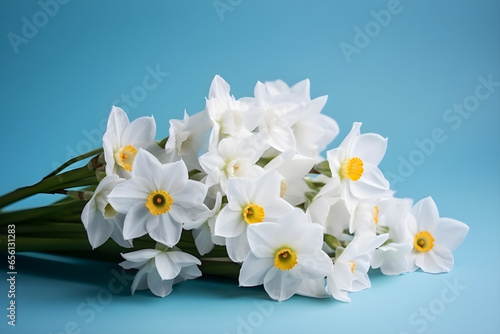 White narcissus flowers in a vase with card on blue background  product presentation  product display  banner background