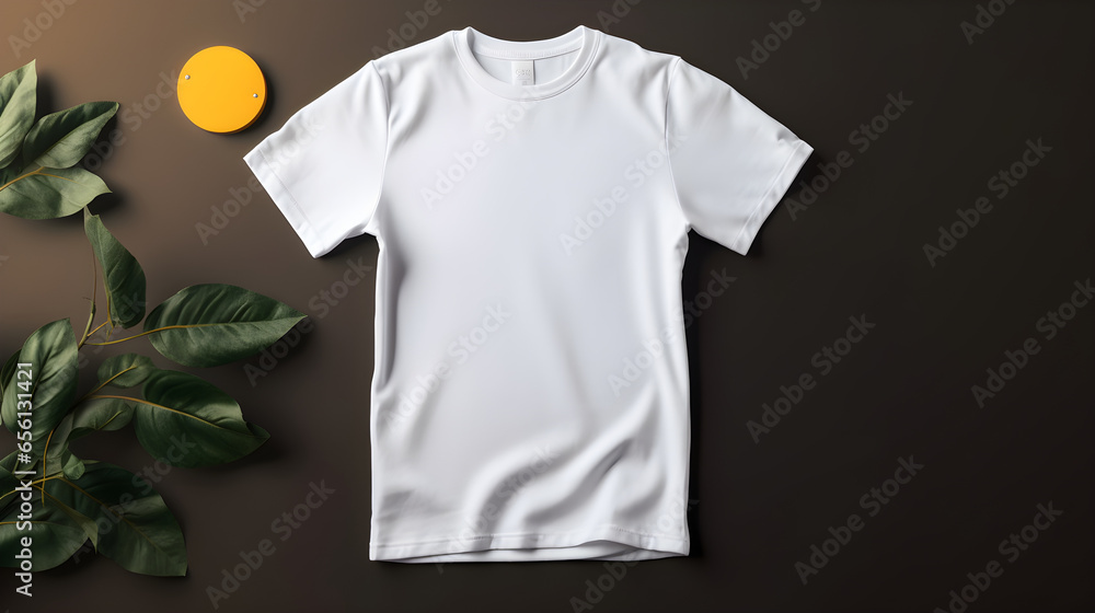White t-shirt mockup on black background with copyspace, Flat lay, top view, for print, product presentation, product display White t-shirt mockup on black background with copyspace, Flat lay, top view, for print, product presentation, product display