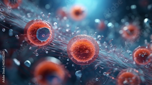 Microscopic particles. Molecules, molecular cell. Close up of a mirco organism, biological illustration. Science, medical, element. 3D render photo