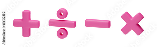 Plus, minus, multiplication and division 3d mathematical symbols set. Pink arithmetic education signs for web, app, infographic. Math operations realistic vector illustration isolated