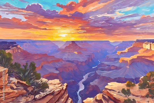 Grand Canyon National Park Stunning Landscape and Dramatic SunriseSunset in Colorful Comic Book Style