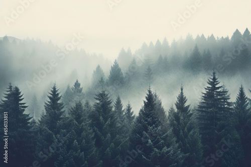 Beautiful Misty landscape with fir forest in hipster vintage retro style  natural background and Fog clouds at the pine tree mystical woods landscape.