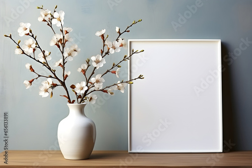 Mock up picture frame poster with white vase with white flowers on old wooden table in room