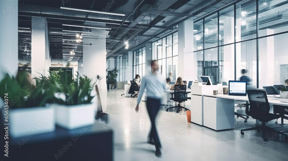 Businessman walking in modern coworking in busy corporate office with blur of employees, fast speed motion workers, and businesspeople. Businessman walking in modern coworking in busy corporate office with blur of employees, fast speed motion workers, and businesspeople.
