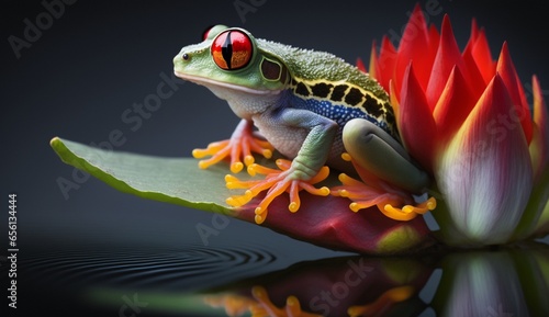 Red eye frog perched on the bud of a lotus flower