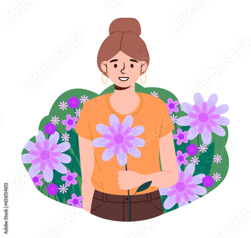 Woman with flowers concept. Young girl with bouquet of viole bloom and blossom plants. Person with romantic gift or present. Beauty, aesthetics and elegance. Cartoon flat vector illustration