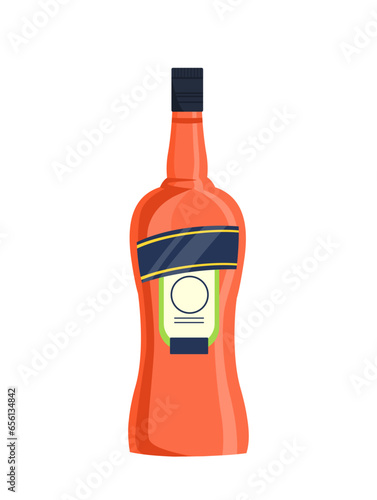 Alcohol bottle concept. Alcoholic drink with badge or label. Orange glass with beverage. Poster or banner for website. Cartoon flat vector illustration isolated on white background