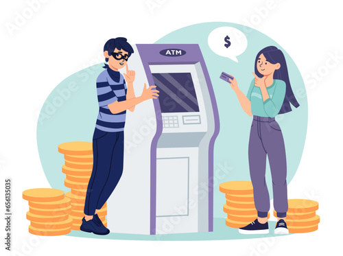 Bank robber near atm concept. Man in mask steals personal information of girl with bank card. Financial crimes and money theft. Hacer and criminal. Cartoon flat vector illustration