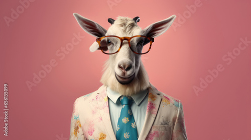 A goat dressed to impress, ready to drop rhymes. Wide banner with copy space on the side