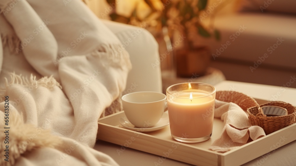 Still life details in home interior of living room. Sweaters and cup of tea with steam on a serving tray on a coffee table. Breakfast over sofa in morning sunlight. Cozy autumn or winter concept
