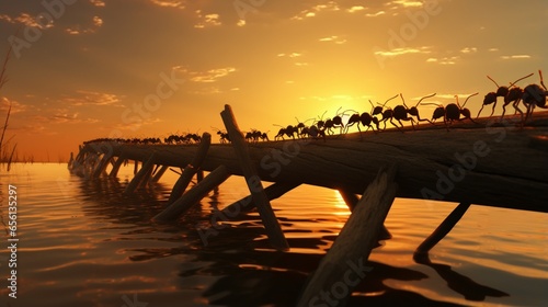 Team of ants constructing bridge over water on sunrise or sunset, work with log photo