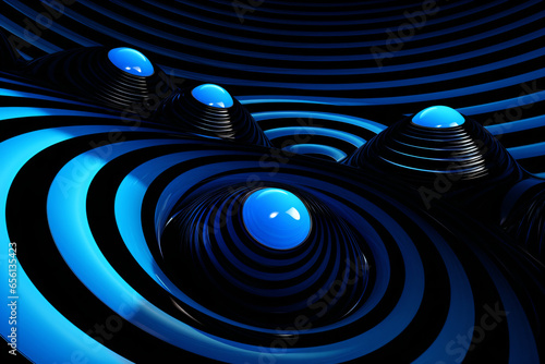 Blue and black background with a spiral design with blue balls in the center of the image, abstract illusionism photo