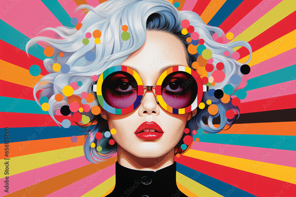 Woman with sunglasses and a colorful background with circles and dots ...