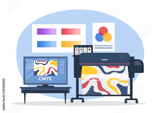 CMYK print concept. Paper with colorful abstract shapes and geomteric figures. Cyan, Magenta, Yellow, Key or Black print technology, innovations. Cartoon flat vector illustration