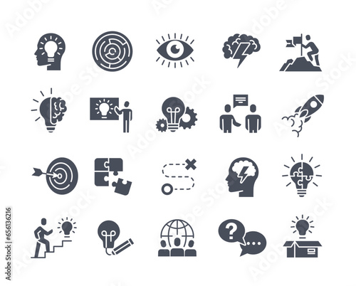 Creativity icons black concept. Silhouette of head with light bulb and lightning, teamwork. Graphic element for website. Cartoon flat vector collection isolated on white background