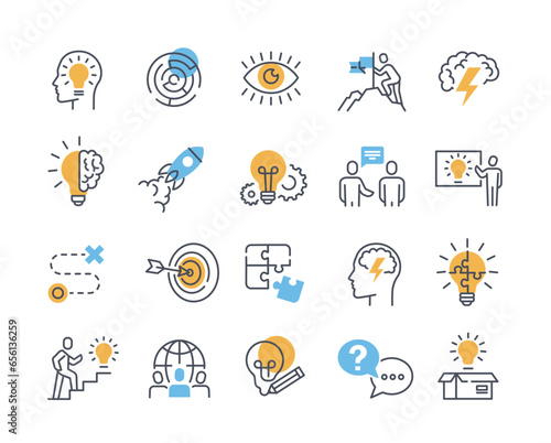 Creativity icons line concept. Silhouette of head with light bulb and lightning. Teamwork and partnnership. Template and layout. Linear flat vector collection isolated on white background