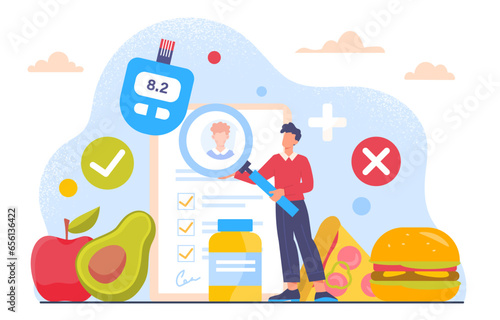 Man with diabetes concept. Young guy with magnifying glass near recipe. Healthcare and medicine, treatment and diagnosis. High level of insulin and sugar. Cartoon flat vector illustration